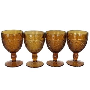 70's Indiana Glass Amber‎ Sandwich Daisy Pattern Wine Goblets Set of 4